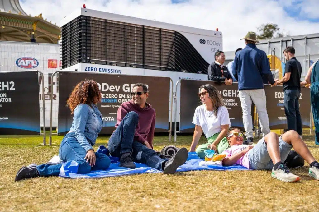 Fans sitting by the GEH2 at the AFL Gather Round Football Festival